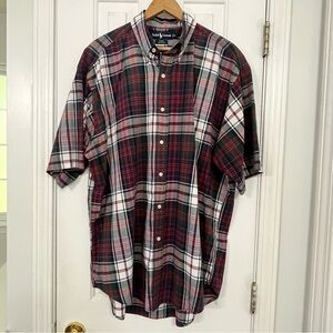 Ralph Lauren 100% cotton Blake buttondown Shirt, red & green plaid, size large.